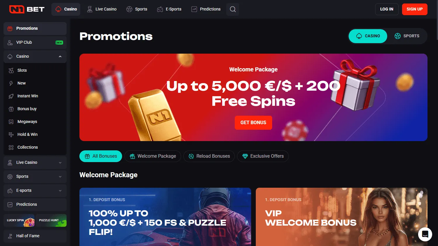 N1 Bet Casino desktop promotions area with welcome and recurring offers