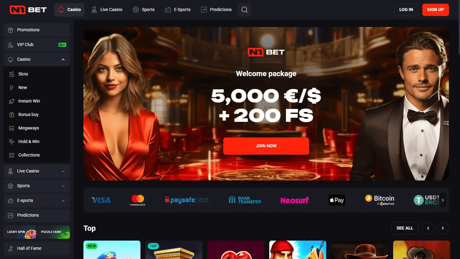 N1 Bet Casino desktop home with casino, live casino and betting options