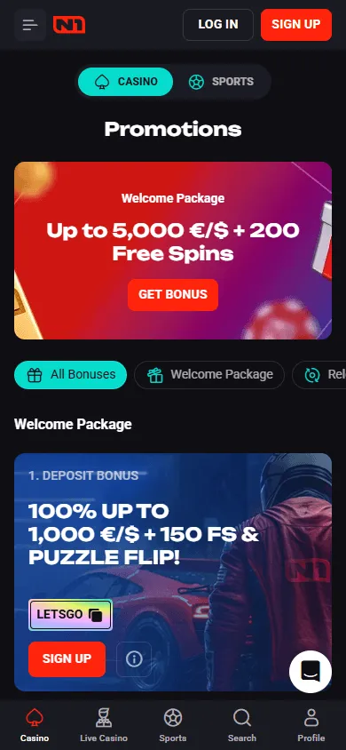 N1 Bet Casino mobile promotions area with Free Spins and reload offers