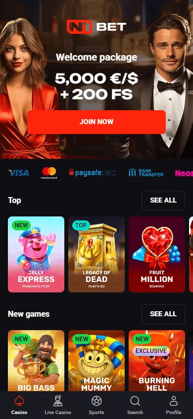 N1 Bet Casino mobile home with casino and betting access